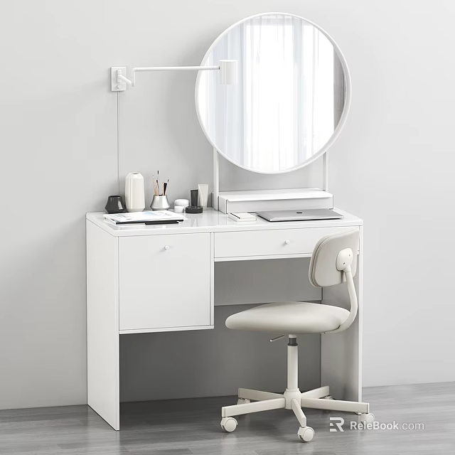 Modern Minimalist White Dressing Table With Round Mirror Table Lamp Cosmetics And Chair 3d model 
