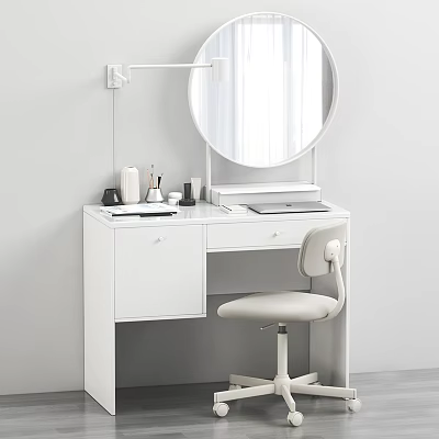 Modern Minimalist White Dressing Table With Round Mirror Table Lamp Cosmetics And Chair 3d model