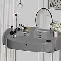 Perfume And Cosmetics On Elegant Black Dressing Table With Round Mirror Drawers And White Flowers