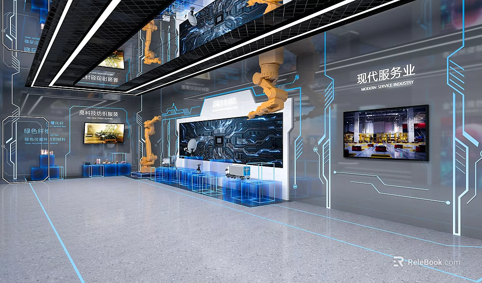 Modern Service Industry Exhibition Hall With Robotic Arms Digital Screens And Tech Design 3d model 