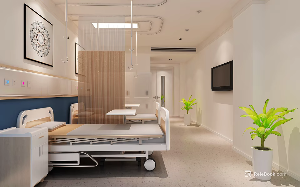 Modern Hospital Room Interior With Hospital Bed TV And Potted Plants 3d model 