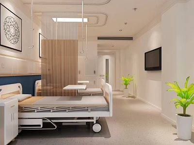 Modern Hospital Room Interior With Hospital Bed TV And Potted Plants 3d model