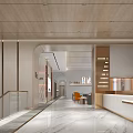 Modern Luxury Store Front Desk With Marble Wall Wooden Ceiling Sofa Area And Display Cabinets