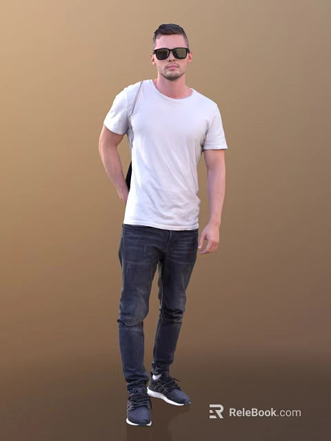 A Man Wearing White T-shirt And Blue Jeans Standing Against Brown Background 3d model 