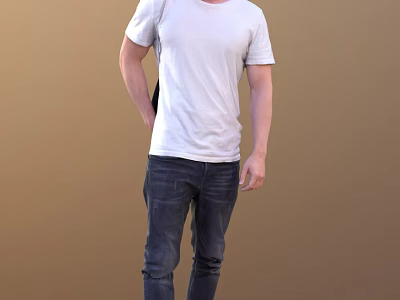 A Man Wearing White T-shirt And Blue Jeans Standing Against Brown Background 3d model