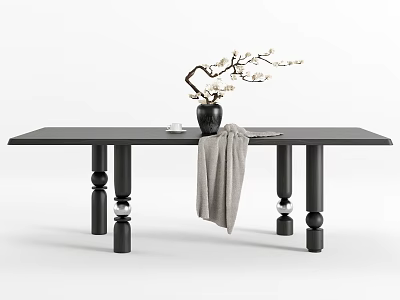 Black Dining Table With Spherical Legs Vase White Flowers And Gray Cloth 3d model