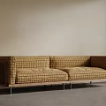 Modern Double Sofa With Yellow Black Plaid Pattern And Metal Legs In Beige Wall Room
