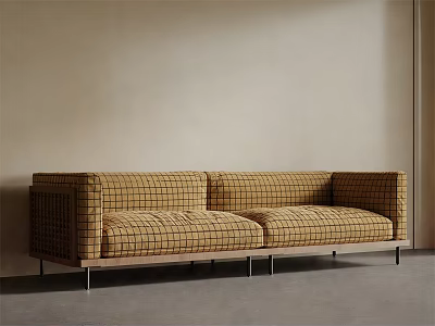 Modern Double Sofa With Yellow Black Plaid Pattern And Metal Legs In Beige Wall Room 3d model