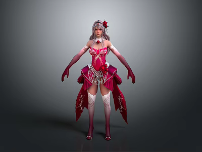 Stylish Red Apparel With Lace Patterns Long Gloves And Floral Decorations 3d model