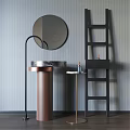 Modern Copper Pedestal Sink With Round Mirror And Black Bath Product Shelf