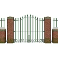 Green Metal Entrance Gate With Pointed Top And Stone Capped Red Brick Pillars