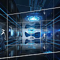 Modern Tech Exhibition Hall With Sleek Curved Design Large Screen And Starry Sky Ceiling