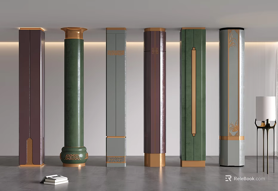 Modern Decorative Columns with Green Grey Purple Finishes and Gold Accents for Interior Design Spaces 3d model 