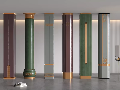Modern Decorative Columns with Green Grey Purple Finishes and Gold Accents for Interior Design Spaces 3d model