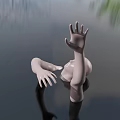 Mannequin Head Emerging From Water Surface With Raised Hands Against Green Plant Background And Ripples