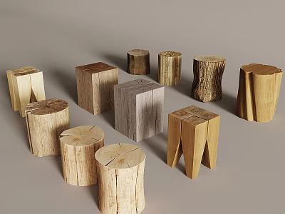 Natural Rustic Wooden Stools with Various Shapes Including Log Cross Section and Square Designs 3d model