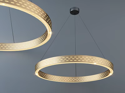 Two Modern Circular Perforated Pendant Lights Illuminated In Minimalist Interior 3d model
