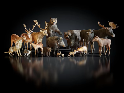 Wild Animal Figurines Collection With Bear Deer Moose And Fawn On Dark 3d model