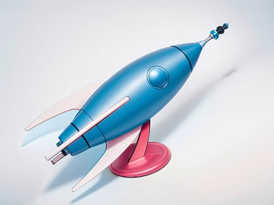 Modern Blue Rocket Shaped Decorative Ornament Set With Red Base 3d model