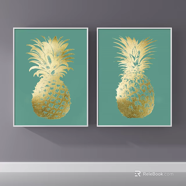 Modern Botanical Art with Golden Pineapple on Teal Background Two Pieces 3d model 