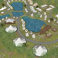 Garden Landscape With Blue Ponds White Tents Cabins And Greenery Paths