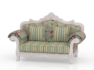 Elegant White Carved Frame Two-Seater Sofa With Striped Floral Pattern Cushions And Armrests 3d model