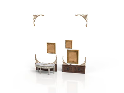 Scene Components Including Decorative Carved Corner Pieces Photo Frames And Small Cabinets 3d model