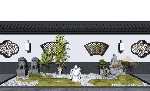 New Chinese style landscape sketch courtyard sketch rockery stone dry landscape courtyard landscape pine outdoor plants Zen landscape 3d model