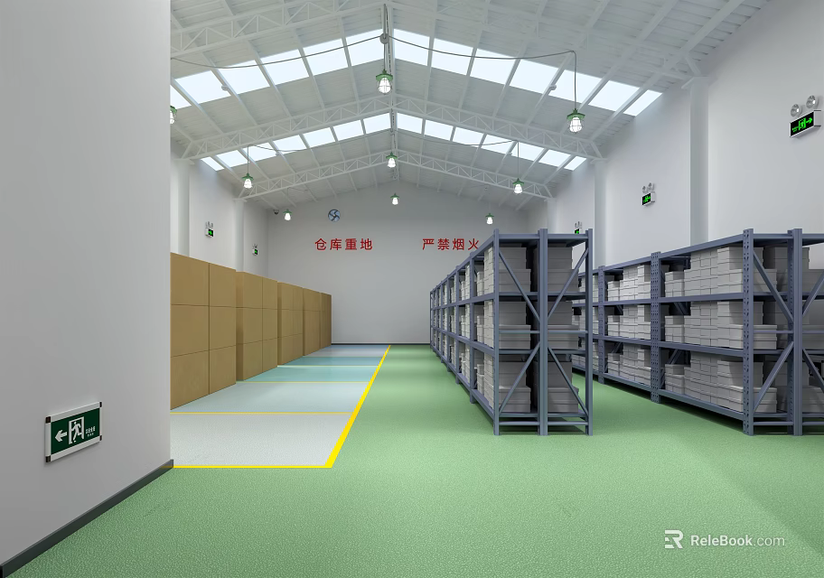 Finished Goods Warehouse Interior With Shelves Cardboard Boxes Green Flooring And No Smoking Signs 3d model 