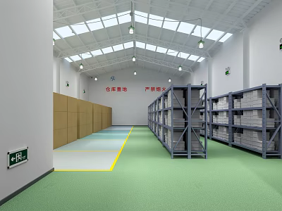 Finished Goods Warehouse Interior With Shelves Cardboard Boxes Green Flooring And No Smoking Signs 3d model