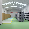 Finished Goods Warehouse Interior With Shelves Cardboard Boxes Green Flooring And No Smoking Signs