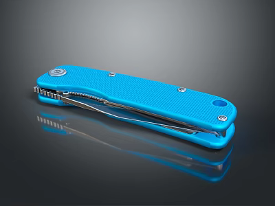 Modern Blue Folding Knife With Textured Handle And Metal Components On Reflective Surface 3d model
