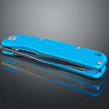 Modern Blue Folding Knife With Textured Handle And Metal Components On Reflective Surface