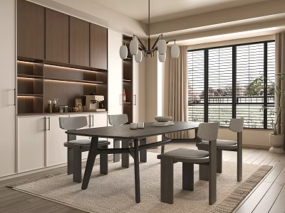 Modern Dining Room Interior With Dark Wooden Cabinets Grey Chairs And Large Windows 3d model