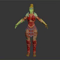Female Game Movie Warrior Character in Red and Gold Detailed Armor