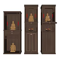 Wooden Brown Buddhist Shrine Cabinet With Golden Buddha Statue Red Candles Drawers And Doors