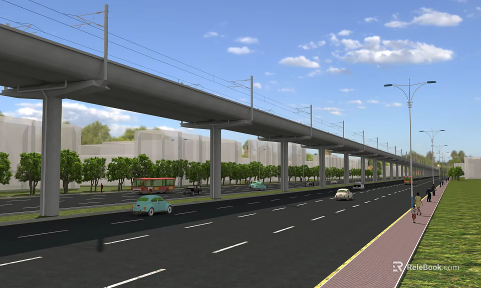 Road Infrastructure Featuring Elevated Viaduct Vehicles Street Lamps Sidewalk And Green Trees 3d model 