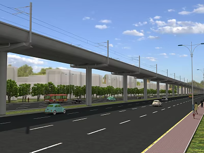 Road Infrastructure Featuring Elevated Viaduct Vehicles Street Lamps Sidewalk And Green Trees 3d model