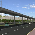 Road Infrastructure Featuring Elevated Viaduct Vehicles Street Lamps Sidewalk And Green Trees