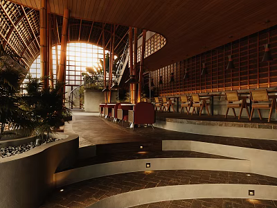 Modern Bar Interior With Staircase Layout Wooden Decor And Plants 3d model