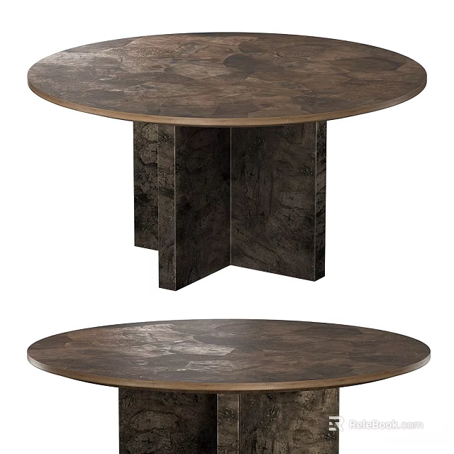 Modern Round Dark Wooden Dining Table With Unique Base Design 3d model 