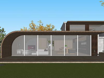 Modern Detached Villa With Large Glass Windows Wooden Elements Green Lawn And Trees 3d model