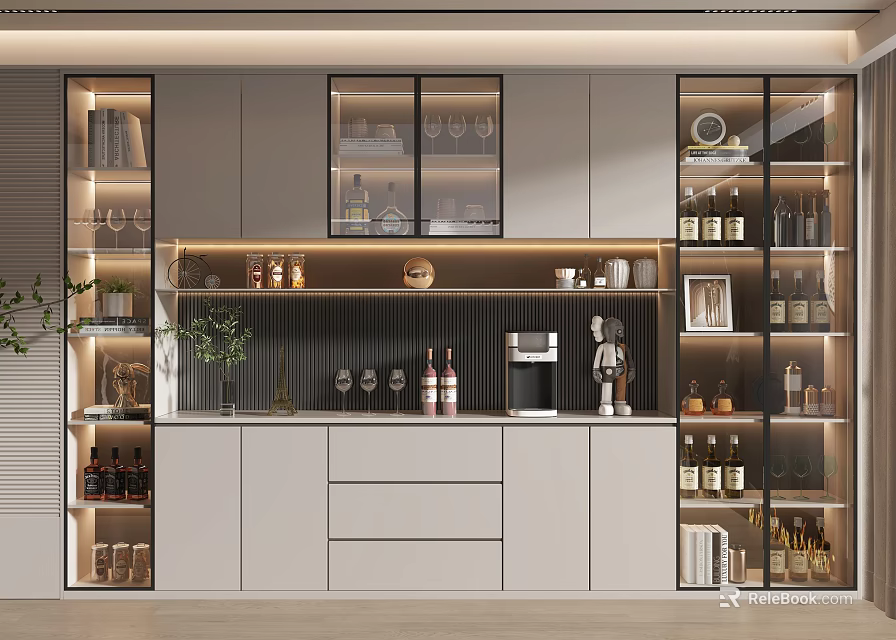 Elegant Modern Wine Cabinet Design With Glass Doors And Wine Storage 3d model 