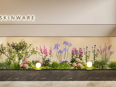 Colorful Flowers and Green Plants in SKINWARE Modern Display with Soft Lighting and Marble Floor 3d model