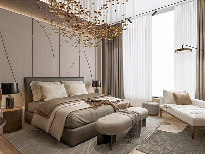 Luxurious Modern Hotel Room Interior With Large Bed Floor Lamp Sofa And Decorative Chandelier 3d model