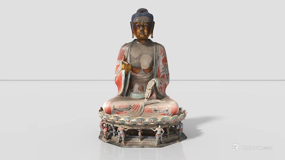 Ancient Architecture Interior Featuring Painted Buddha Statue On Lotus Pedestal With Ornaments 3d model 