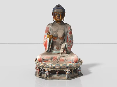 Ancient Architecture Interior Featuring Painted Buddha Statue On Lotus Pedestal With Ornaments 3d model