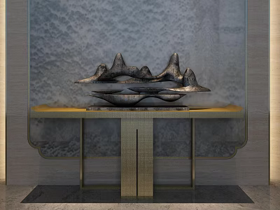 Elegant Console Table Featuring Mountain Sculpture on Textured Gray Wall and Golden Top 3d model