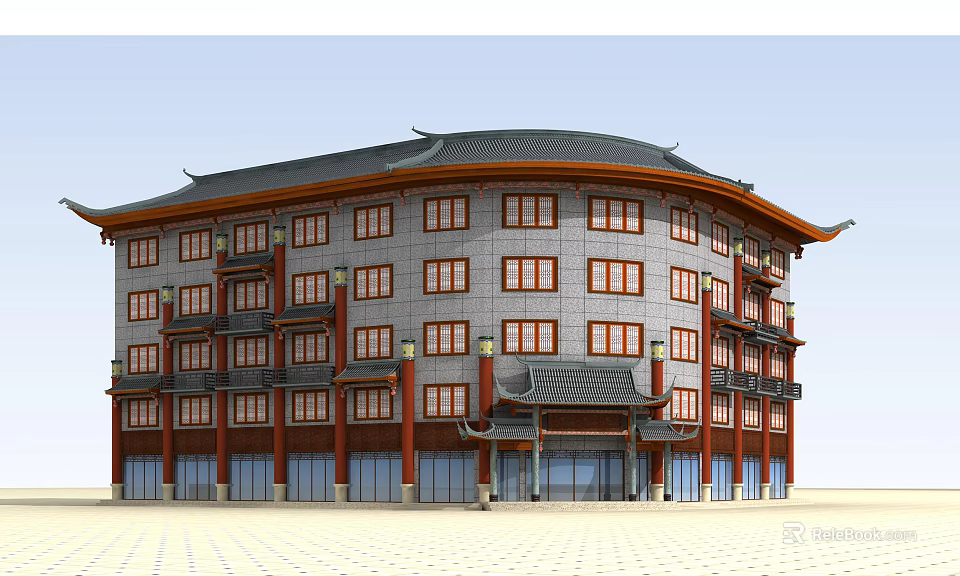 Traditional Chinese Style Hotel Building With Gray Facade Red Window Frames And Eaves Roof 3d model 