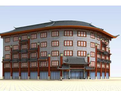 Traditional Chinese Style Hotel Building With Gray Facade Red Window Frames And Eaves Roof 3d model